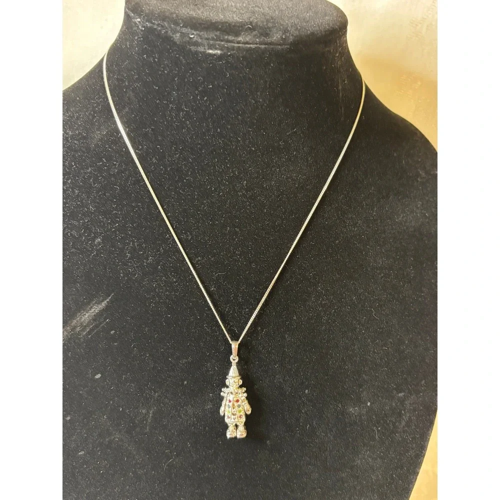 Rare‎ VTG Articulated Clown Pendant Necklace 925 Silver Multi Jewels 6g Kidcore